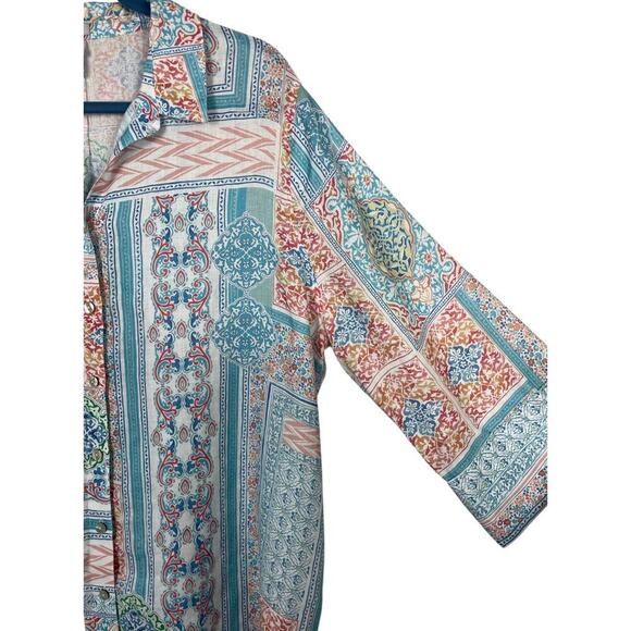 Chico’s Linen Mosaic Print Button Down Top Size 3 (XL) Pastel Blue Multi Boho - Picture 5 of 11